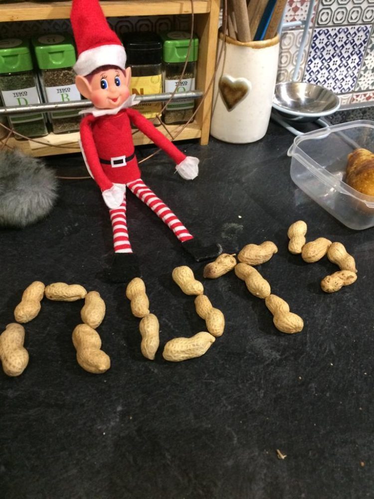 The Elf on the Shelf adds to the festive fun with his writing in nuts